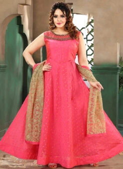 Dark Pink Art Silk Embroidered Gown Party Wear -C Bazaar Shop dark pink art silk embroidered gown bgwrmnf823dp u