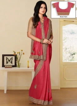 Dark Pink Art Silk Hand Work Saree Festive Wear -C Bazaar Shop dark pink art silk hand work saree sadkc7 u