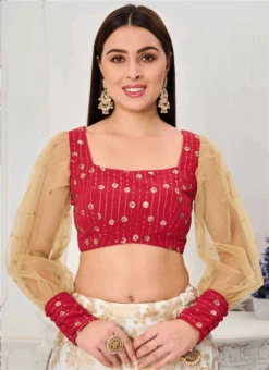 Dark Pink Georgette Sequins Embroidered Blouse Wedding Wear -C Bazaar Shop dark pink georgette sequins embroidered blouse BLBS02307627 u