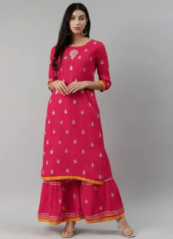 Dark Pink Rayon Embroidery Kurta Sharara Set Party Wear -C Bazaar Shop dark pink rayon embroidery kurta sharara set krsdmf7144g u