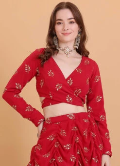 Dark Red Embroidered Georgette Blouse Festive Wear -C Bazaar Shop dark red embroidered georgette blouse BLBS02309123 u