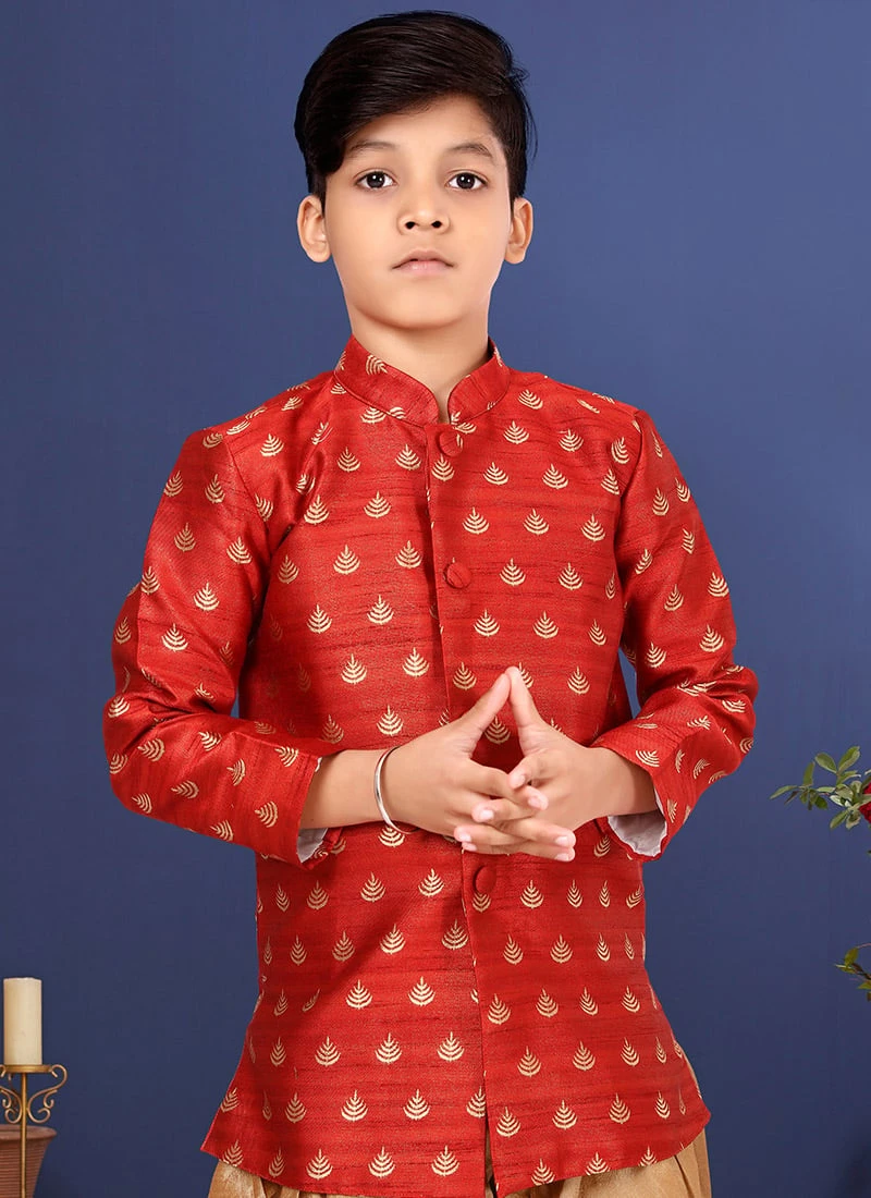 Dark Red Jacquard Silk Boys Classic Sherwani Party Wear 3 Dark Red Jacquard Silk Boys Classic Sherwani Party Wear - Image 3