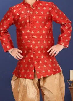 Dark Red Jacquard Silk Boys Classic Sherwani Party Wear