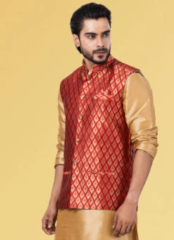 Dark Red Jacquard Silk Nehru Jacket -C Bazaar Shop dark red jacquard silk nehru jacket jmkkvs456 b