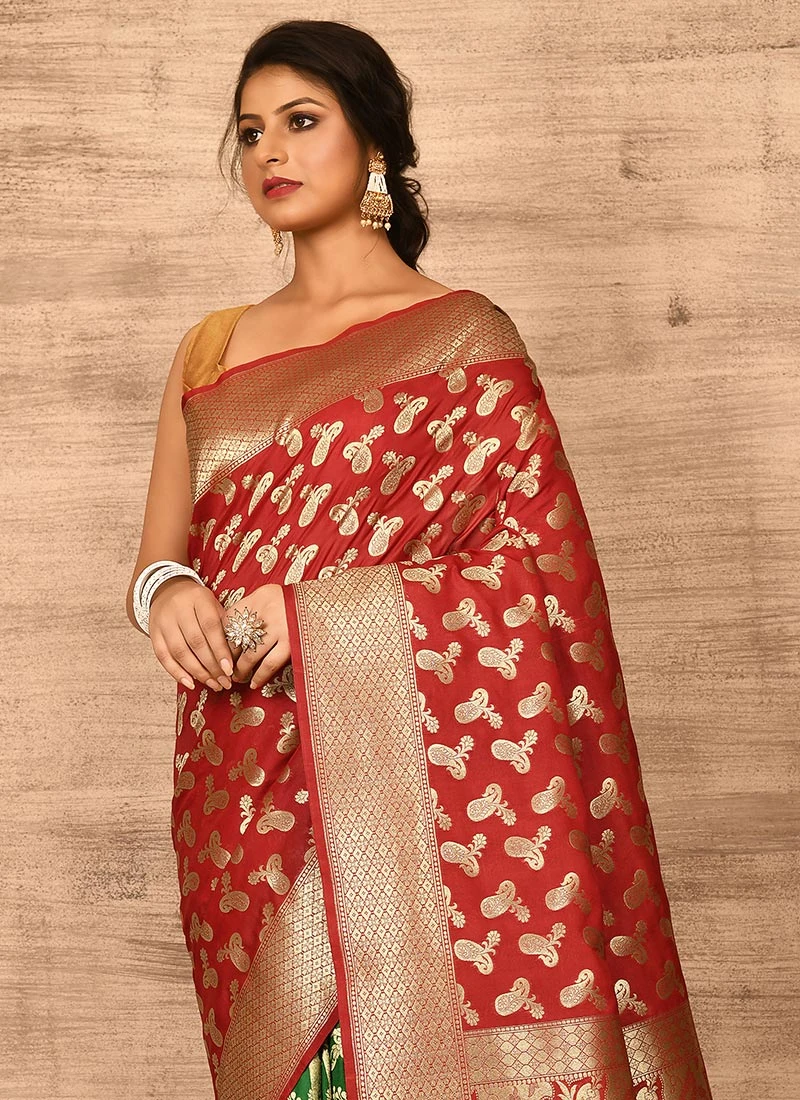 Dark Red N Green Banarasi Katan Silk Zari Weaving Half N Half Saree Festive Wear 4 Dark Red N Green Banarasi Katan Silk Zari Weaving Half N Half Saree Festive Wear - Image 4