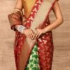 Dark Red N Green Banarasi Katan Silk Zari Weaving Half N Half Saree Festive Wear