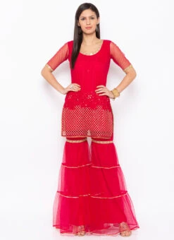 Dark Red Net Embroidered Kurta Sharara Set After Six Wear -C Bazaar Shop dark red net embroidered kurta sharara set krsmnc2125ks u