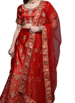 Dark Red Satin Silk Embroidered A Line Lehenga Festive Wear