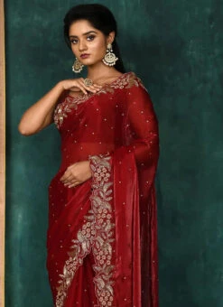 Dark Red Tissue Silk Hand Work Saree Party Wear -C Bazaar Shop dark red tissue silk hand work saree sadkc94 b