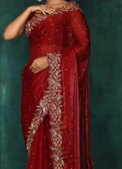 Dark Red Tissue Silk Hand Work Saree Party Wear