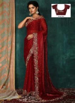 Dark Red Tissue Silk Hand Work Saree Party Wear -C Bazaar Shop dark red tissue silk hand work saree sadkc94 u