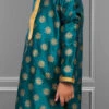 Dark Teal Dhupion Silk Foil Printed Boys Kurta Pyjama Party Wear