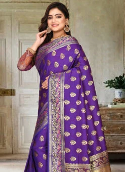 Dark Violet Kanjeevaram Banarasi Silk Zari Work Saree Festive Wear -C Bazaar Shop dark violet kanjeevaram benarasi silk zari work saree savnsas617y b