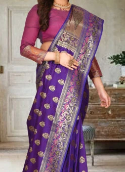 Dark Violet Kanjeevaram Banarasi Silk Zari Work Saree Festive Wear