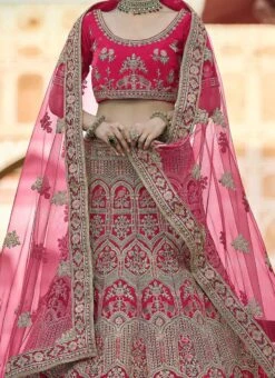 Deep Pink Velvet Embroidered N Stones A Line Lehenga Wedding Wear