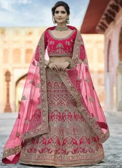 Deep Pink Velvet Embroidered N Stones A Line Lehenga Wedding Wear -C Bazaar Shop deep pink velvet embroidered n stones a line lehenga ghsak42228120 u