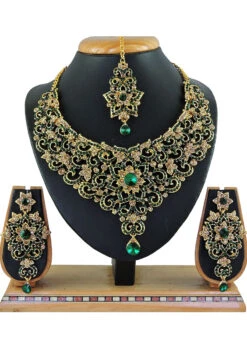 Designer Dark Green Stones Floral Necklace Set Party Wear -C Bazaar Shop designer dark green stones floral necklace set jymssrk121199 b