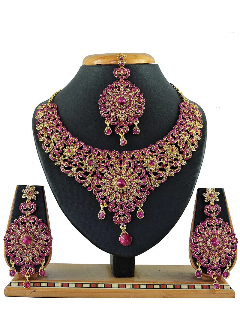 Designer Magenta Stones Heavy Pendent Necklace Set Party Wear 3 Designer Magenta Stones Heavy Pendent Necklace Set Party Wear - Image 3