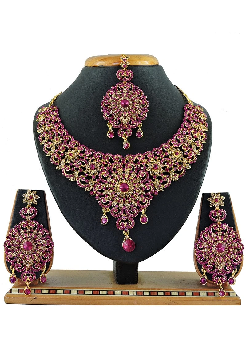 Designer Magenta Stones Heavy Pendent Necklace Set Party Wear 2 Designer Magenta Stones Heavy Pendent Necklace Set Party Wear - Image 2