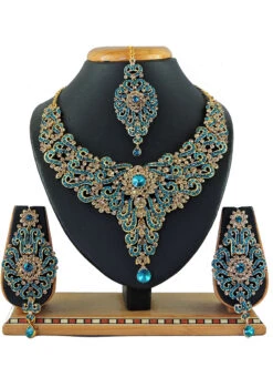Designer Sky Blue Stones Princess Necklace Set Party Wear -C Bazaar Shop designer sky blue stones princess necklace set jymssrk121209 b