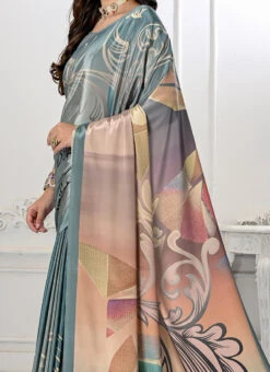 Digital Print Work Teal Blue Color Silk Saree Festive Wear