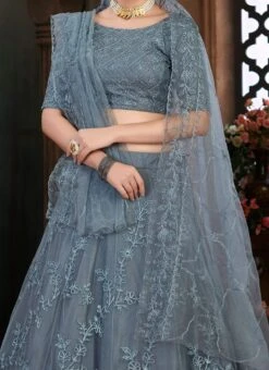 Dove Grey Net Thread Embroidery Umbrella Lehenga Party Wear