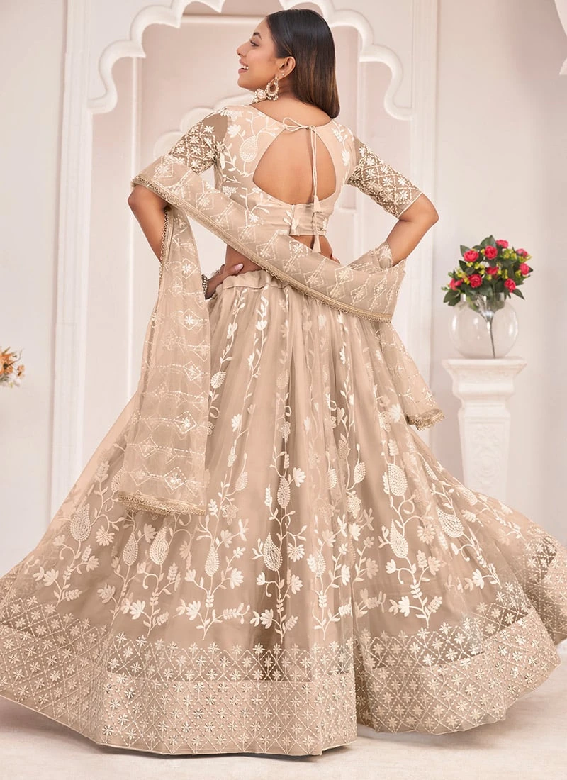 Dusty Beige Net Thread Embroidery Sequins Umbrella Lehenga Party Wear 4 Dusty Beige Net Thread Embroidery Sequins Umbrella Lehenga Party Wear - Image 4