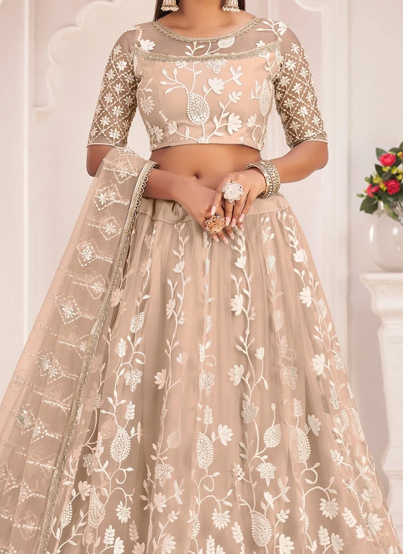 Dusty Beige Net Thread Embroidery Sequins Umbrella Lehenga Party Wear 1 Dusty Beige Net Thread Embroidery Sequins Umbrella Lehenga Party Wear