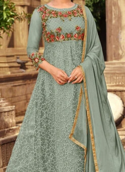 Dusty Blue Net Embroidered Anarkali Suit Party Wear