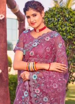 Dusty Gajri Pink Net Embroidery Work Saree Party Wear -C Bazaar Shop dusty gajri pink net embroidery work saree sasnf6821 b
