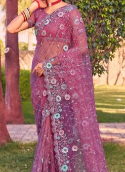 Dusty Gajri Pink Net Embroidery Work Saree Party Wear