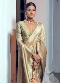 Dusty Green Art Silk Zari Saree Festive Wear -C Bazaar Shop dusty green art silk zari saree samknsz3006 b