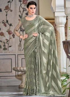 Dusty Green Chinon Embroidery Work Saree Party Wear -C Bazaar Shop dusty green chinon embroidery work saree samkns9437410 u