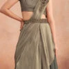 Dusty Green Chinon Silk Embroidered Ready Pleated Saree Party Wear