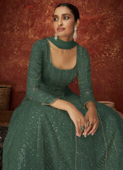 Dusty Green Georgette Embroidered N Sequins Anarkali Suit Party Wear -C Bazaar Shop dusty green georgette embroidered n sequins anarkali suit slsak3223139e b