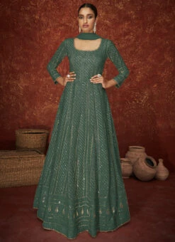 Dusty Green Georgette Embroidered N Sequins Anarkali Suit Party Wear -C Bazaar Shop dusty green georgette embroidered n sequins anarkali suit slsak3223139e u