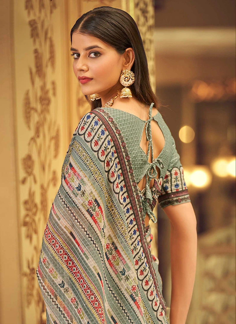 Dusty Green Georgette Printed Work Half N Half Saree Party Wear 4 Dusty Green Georgette Printed Work Half N Half Saree Party Wear - Image 4