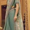 Dusty Green Georgette Printed Work Half N Half Saree Party Wear