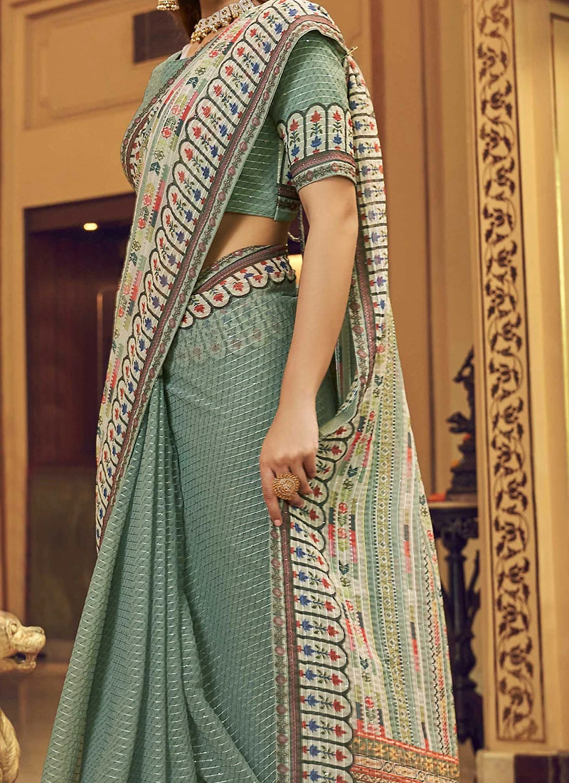 Dusty Green Georgette Printed Work Half N Half Saree Party Wear 1 Dusty Green Georgette Printed Work Half N Half Saree Party Wear