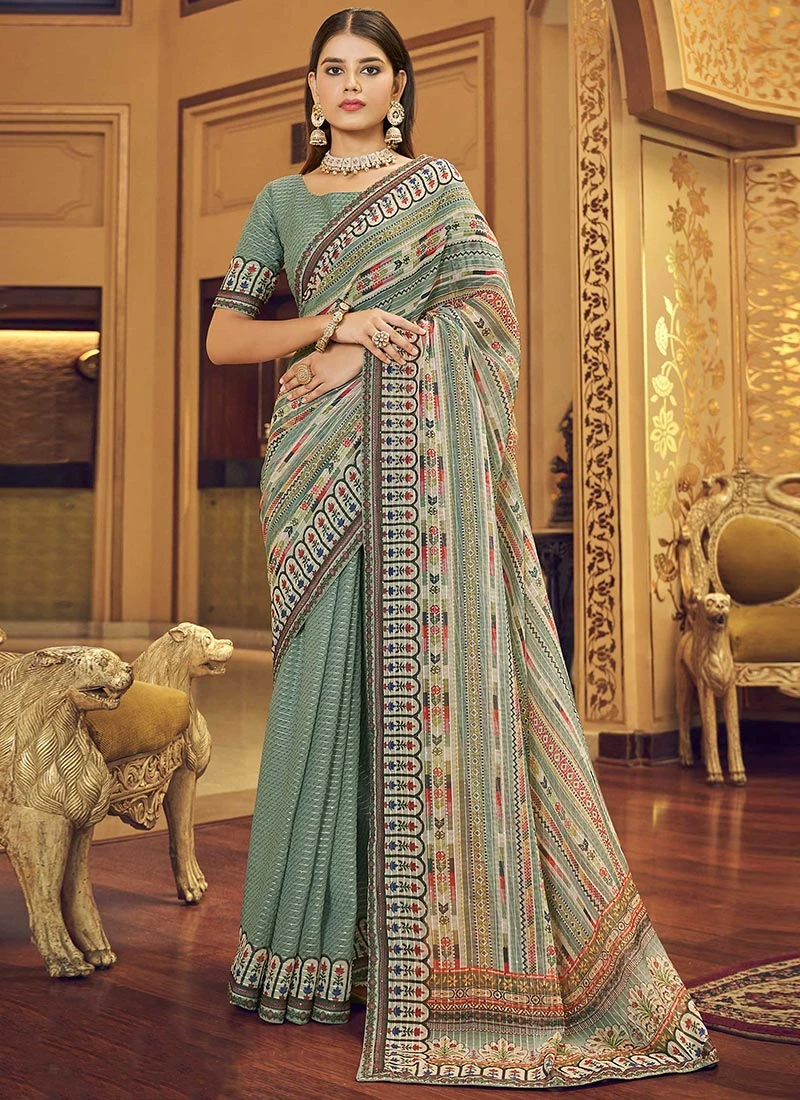 Dusty Green Georgette Printed Work Half N Half Saree Party Wear 3 Dusty Green Georgette Printed Work Half N Half Saree Party Wear - Image 3