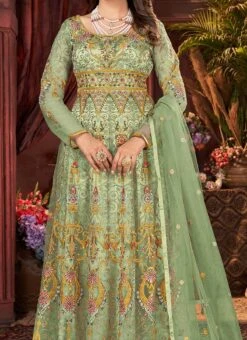 Dusty Green Net Embroidered Anarkali Suit Party Wear