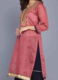 Dusty Pink Chanderi Silk Machine Embroidery Kurta Sharara Set Party Wear