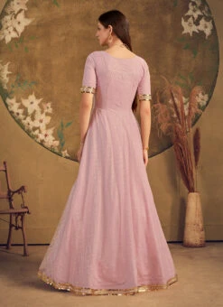 Dusty Pink Net Metalic Foil Work Anarkali Gown Party Wear -C Bazaar Shop dusty pink net metalic foil work anarkali gown bgwsom4615 b