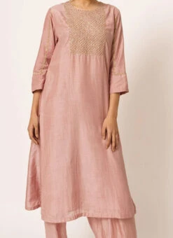 Dusty Pink Pure Chanderi Silk Embroidered Kurta Salwar Set Party Wear