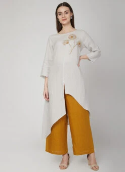 Dusty White Linen Kurta Palazzo Set Work Wear 6 Dusty White Linen Kurta Palazzo Set Work Wear -C Bazaar Shop dusty white linen kurta palazzo set krsdvcsvts10 u
