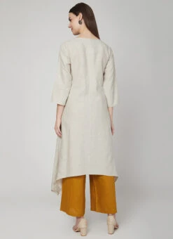Dusty White N Mustard Linen Kurta Palazzo Set Work Wear -C Bazaar Shop dusty white n mustard linen kurta palazzo set krsdvcsvts11 b