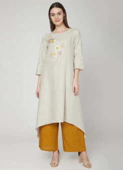 Dusty White N Mustard Linen Kurta Palazzo Set Work Wear -C Bazaar Shop dusty white n mustard linen kurta palazzo set krsdvcsvts11 u