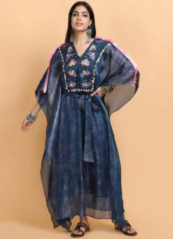 Electric Blue Bees Handpainted Kaftan Set Party Wear -C Bazaar Shop electric blue bees handpainted kaftan set kfdasct121 u
