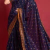 Emboss Foil Printed Navy Blue Color Smooth Silk Saree Festive Wear