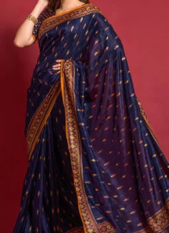 Emboss Foil Printed Navy Blue Color Smooth Silk Saree Festive Wear